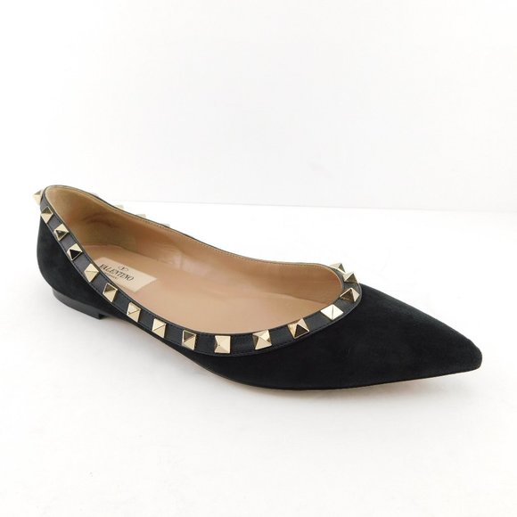 VALENTINO Rockstud Black Suede Ballerina Flats 37 - Picture 1 of 8